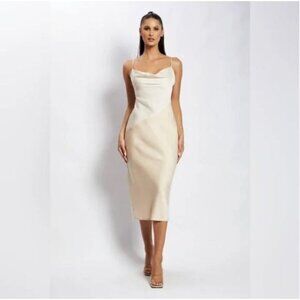NWT Meshki Satin Cowl Neck Color Block Dress XL Midi Bias Cut Minimalist Neutral